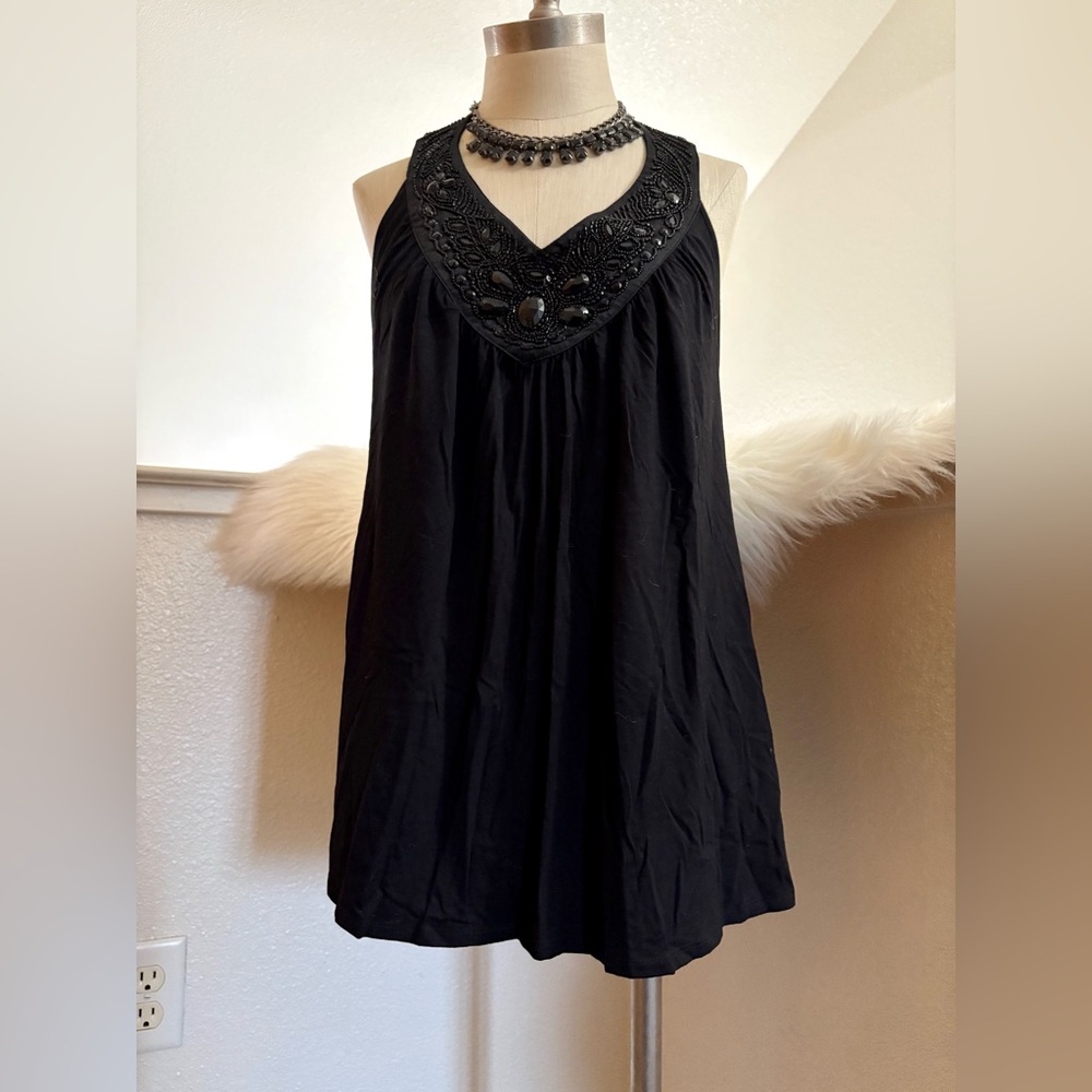 NWT L Black Halter Top with Beaded Neckline